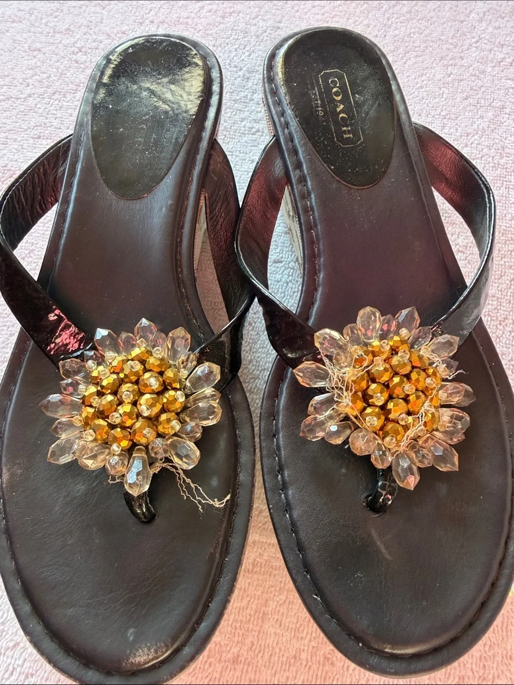 Coach Brown Signature Platform Wedge Sandals with Gold Bead Detail
